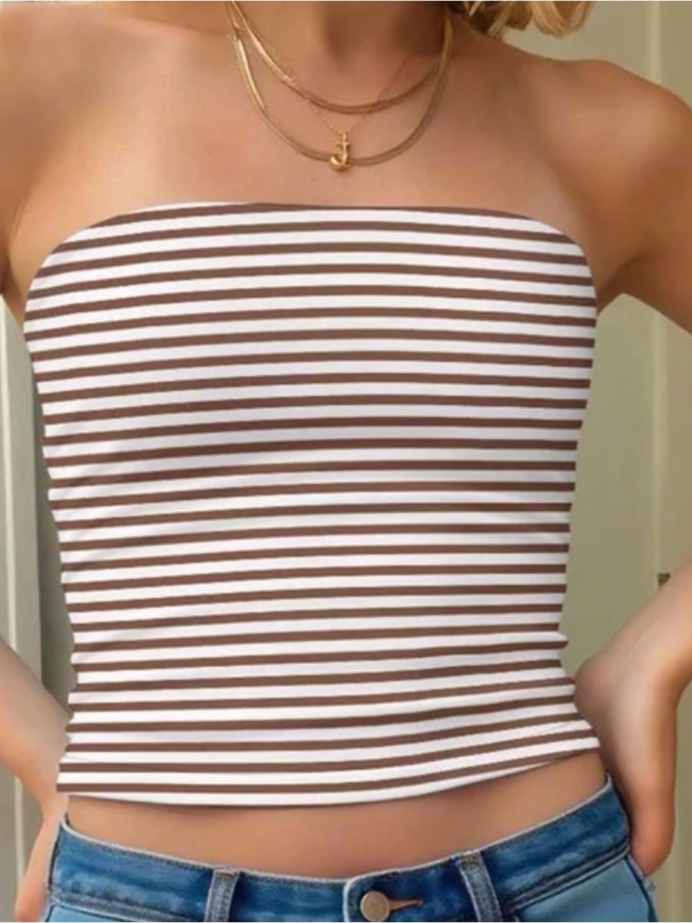 American Eagle Outfitters Brown & White Striped Strapless Tube Top